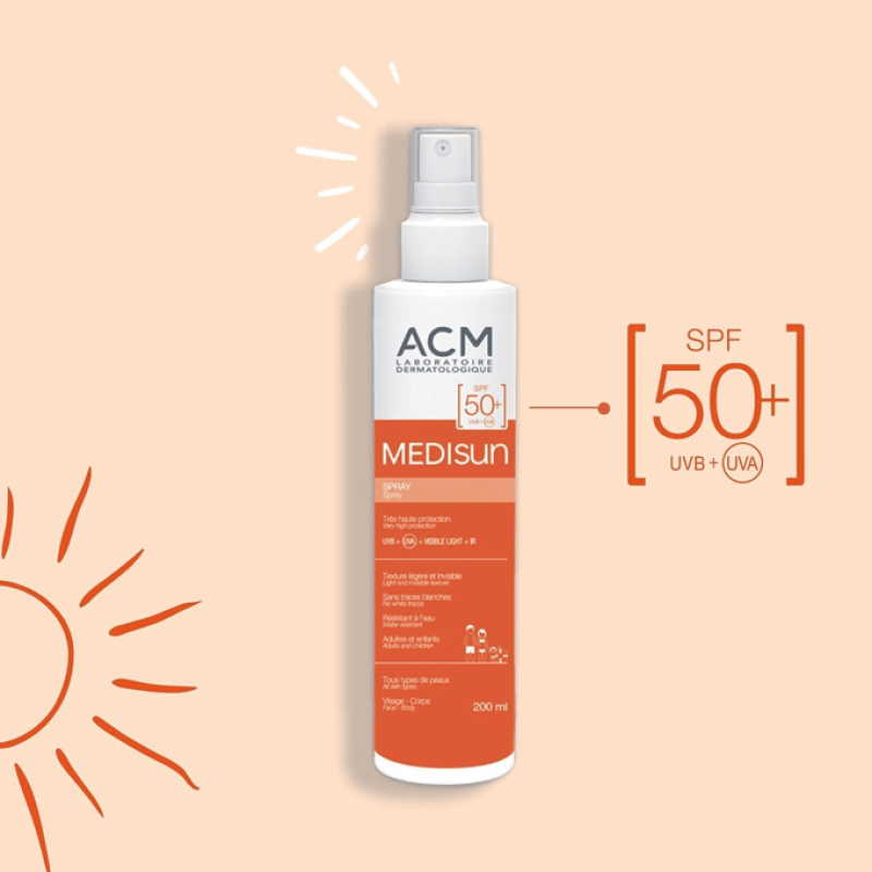 اي سي ام - بخاخ واقي شمسي ميدي صن شفاف بعامل حماية +50 لجميع انواع البشرة 200 مل