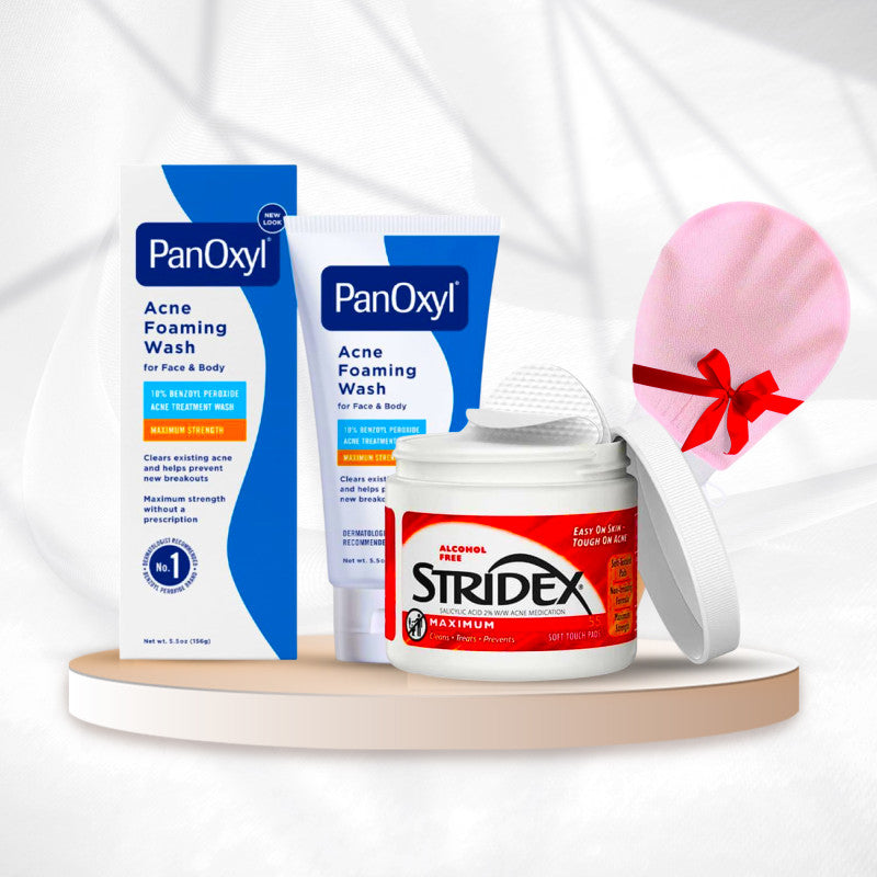 مجموعة علاج حب الشباب القوي – غسول PanOxyl 10% + مسحات Stridex لتقشير البشرة + هدية الليفة الكورية