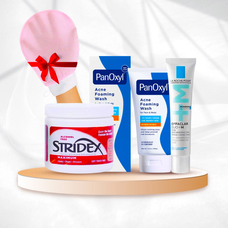 مجموعة علاج حب الشباب – غسول %10 PanOxyl + كريم Effaclar Duo + مسحات Stridex + هدية الليفة الكورية