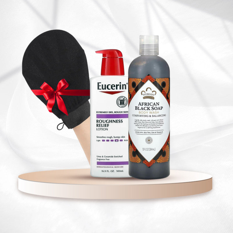 مجموعة تفتيح وتنعيم الجسم – لوشن Eucerin + غسول African Black Soap للمناطق الحساسة + هدية الليفة الكورية