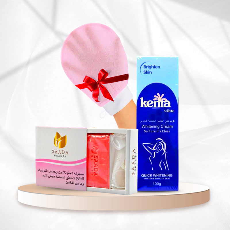 بكج العناية لتفتيح المناطق الحساسة وتوحيد اللون – كريم كينتا لتفتيح المنطقة الحساسة + صابونة الجلوتاثيون سعادة بيوتي + الليفة الكورية هدية