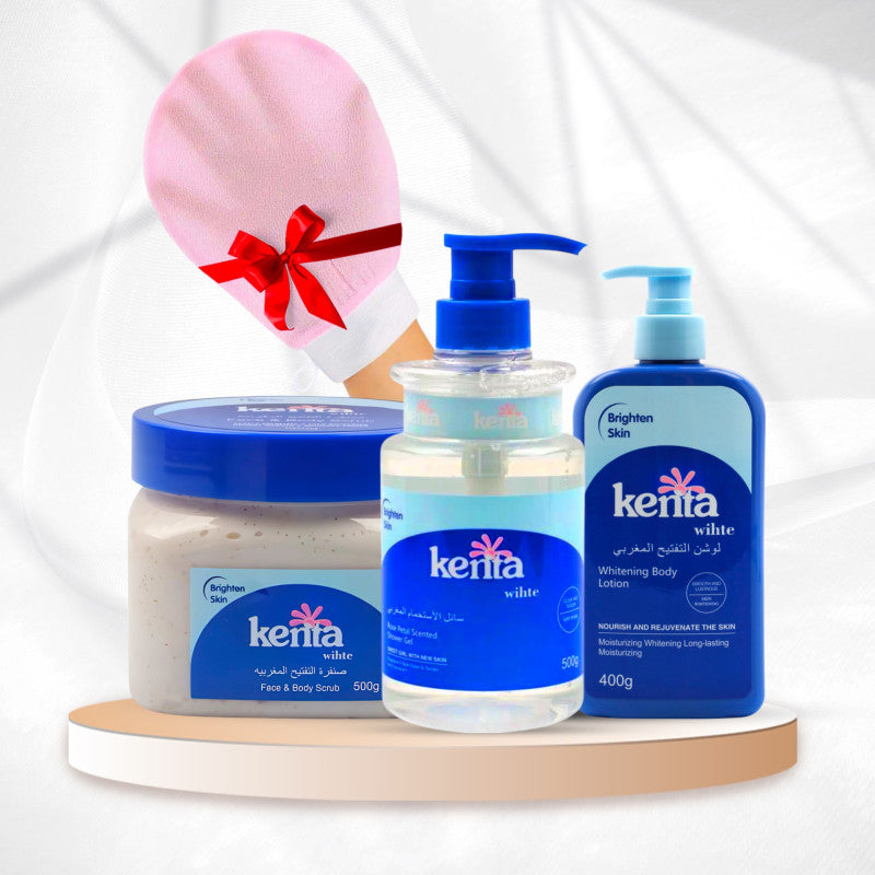 باقة كينتا وايت للعناية اليومية بالجسم – تفتيح، ترطيب، صنفرة، مع ليفة كورية هدية
