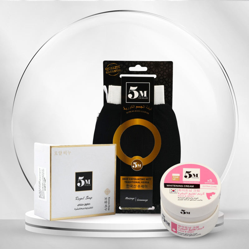 باقة 5M لتفتيح المناطق الداكنة والحساسة – تنظيف عميق، تقشير كوري، ونعومة واضحة من أول استخدام